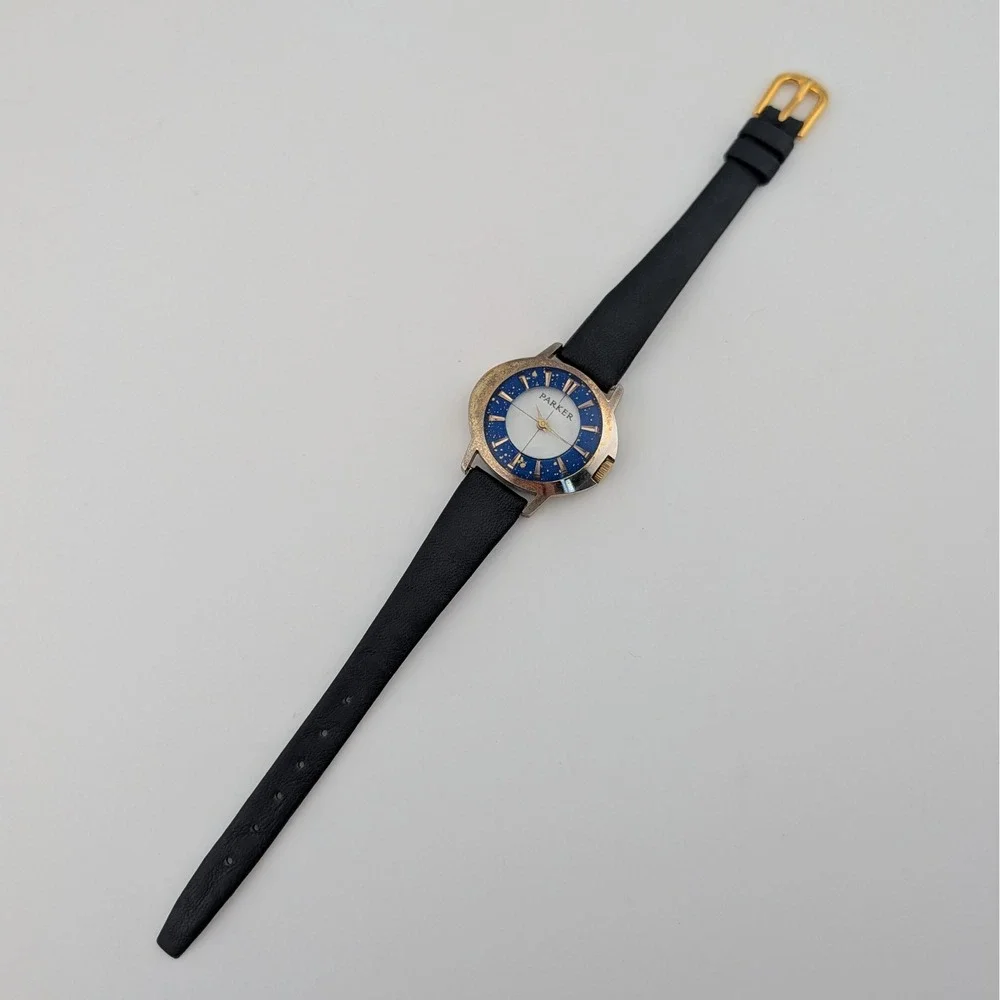 Vintage Parker Swiss Made Manual Wind Mid Century Blue Gold Fleck Watch 31mm